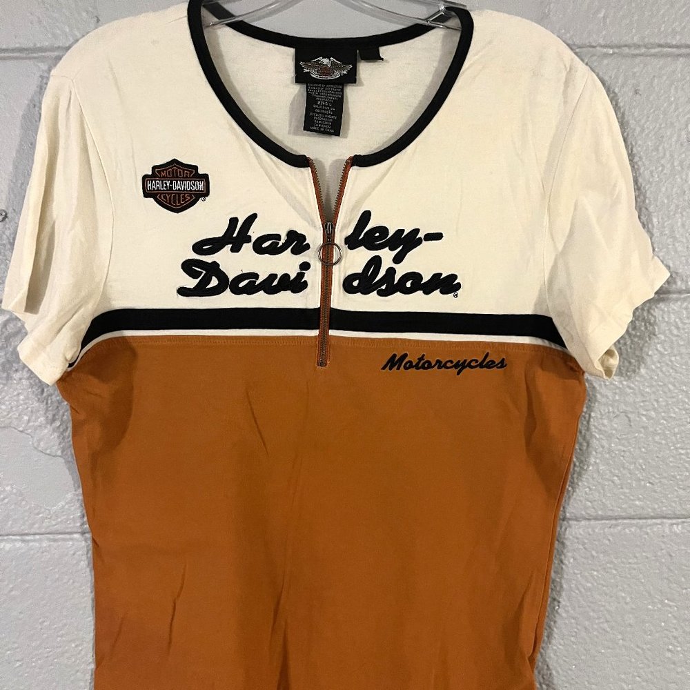 Woman's Harley Davidson Orange White  Zipper Top T Shirt.